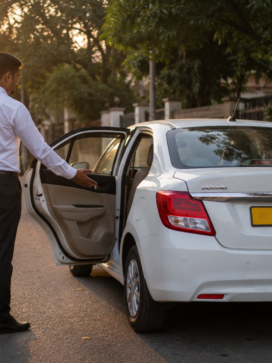 A Jain Cabs driver holding the rear door open for a passenger on a quiet Bangalore street at sunrise.