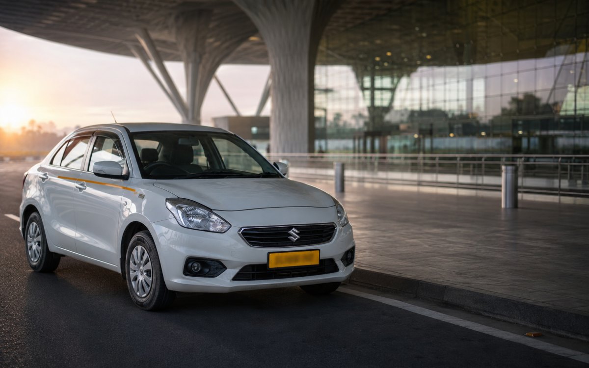 A white Jain Cabs sedan waiting at the arrivals kerb of Bangalore airport in early morning light.