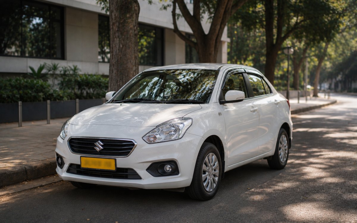 A white Jain Cabs sedan parked in the shade on a tree-lined Bangalore street.