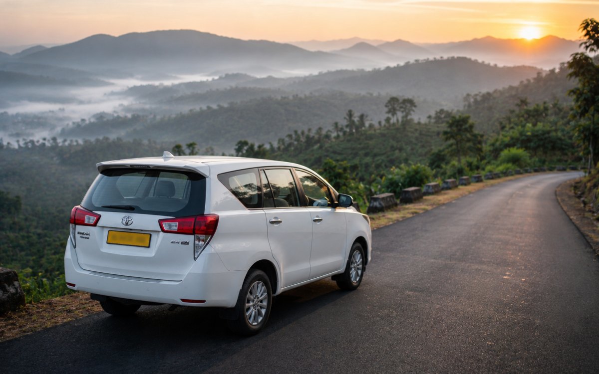 A white Jain Cabs Innova on a winding hill road through South Indian coffee country, mist lying in the valley below.