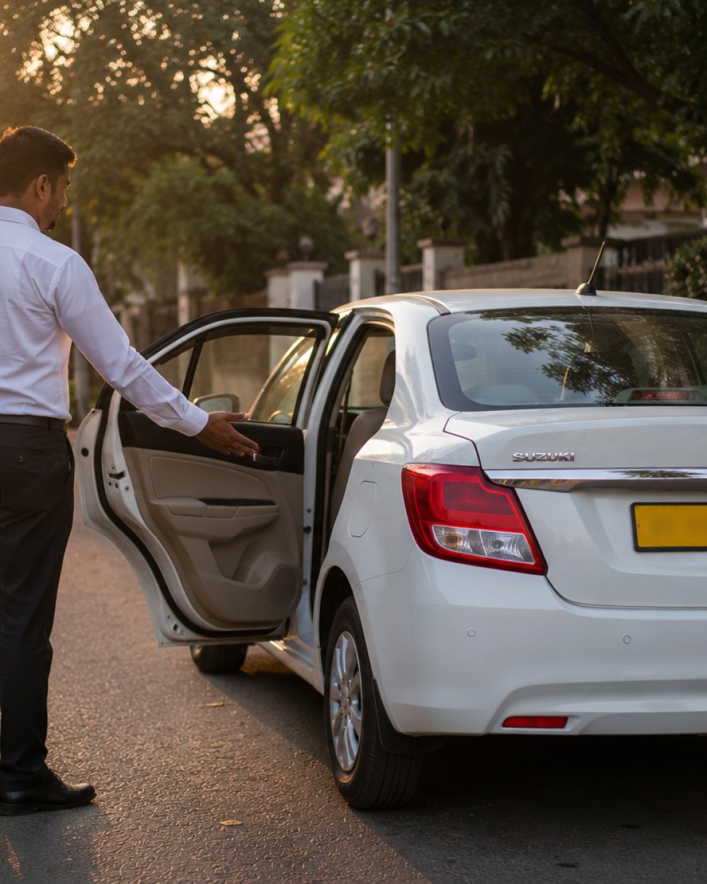 A Jain Cabs driver in a pressed white shirt holding the rear door open beside a white taxi in early morning light.